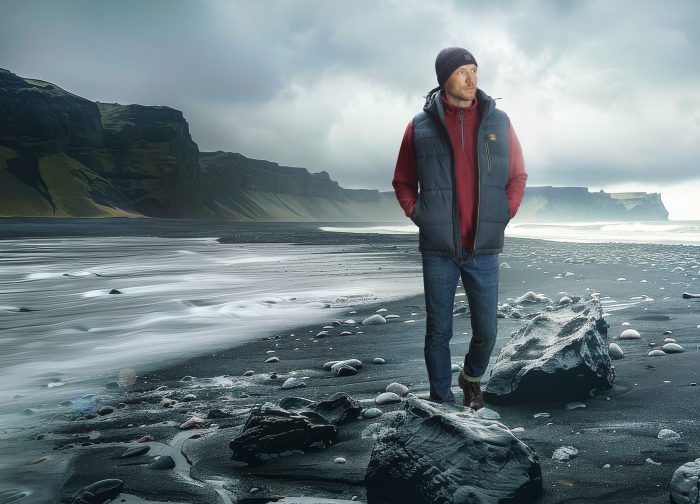 Herrenoutfit mit schwarzer Steppweste, rotem Pullover und Mütze am schwarzen Sandstrand